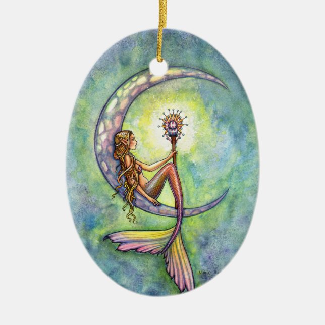 Mermaid and the Moon Fantasy Art Remembrance Ceramic Ornament (Front)