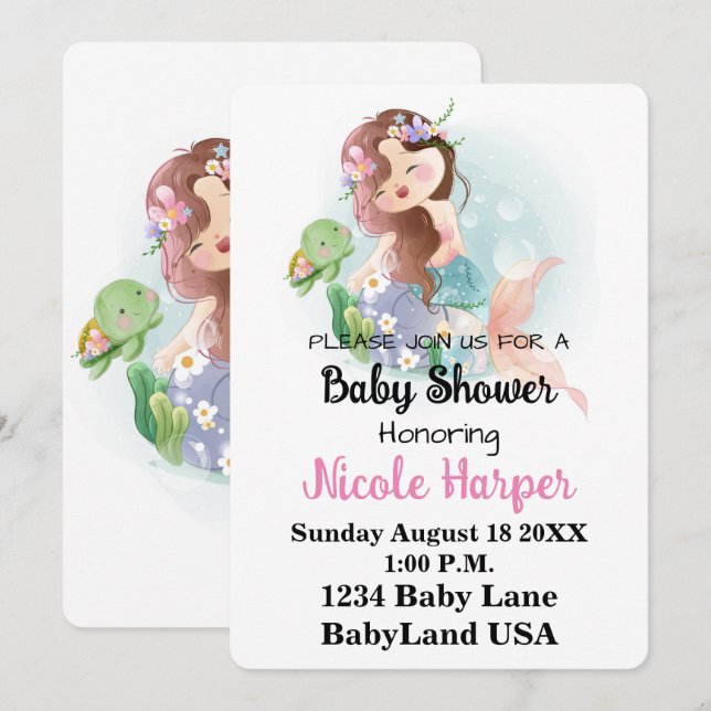 Mermaid and Turtle Baby Shower Invite  (Front/Back)