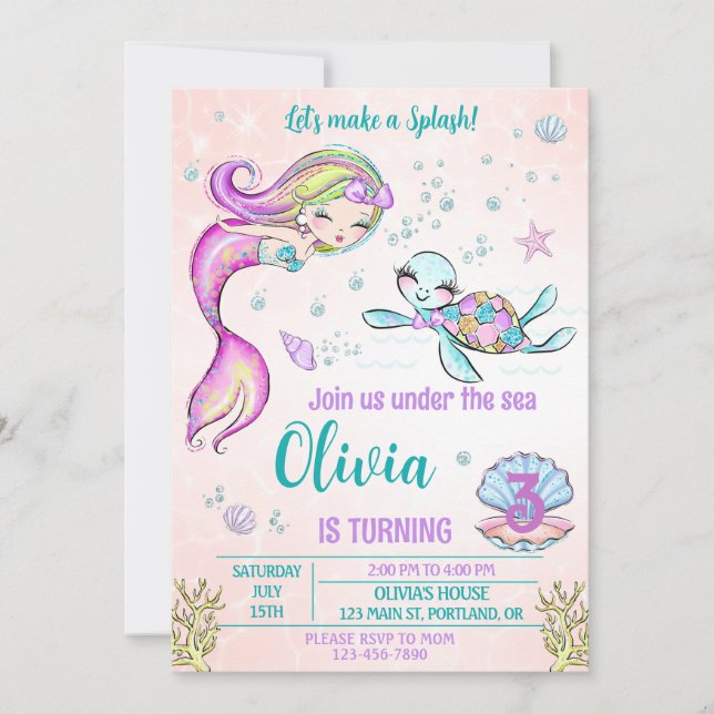 Mermaid and turtle birthday invitation Under sea (Front)