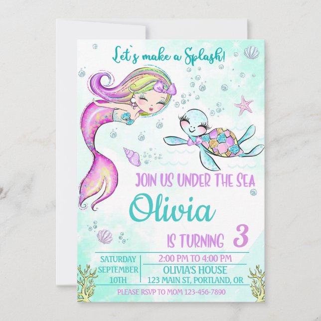 Mermaid and turtle birthday invitation Under sea (Front)