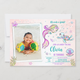Mermaid and turtle birthday invitation with photo