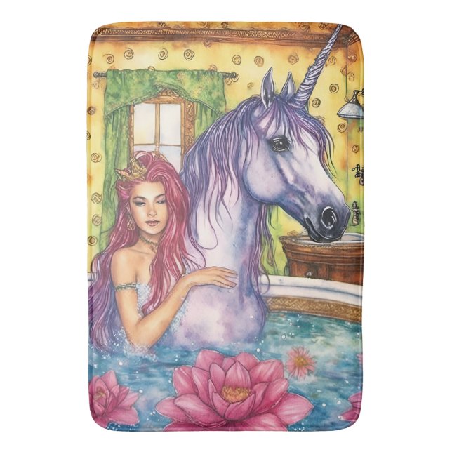 Mermaid and Unicorn Bathing fantasy Bath Mat (Front Vertical)
