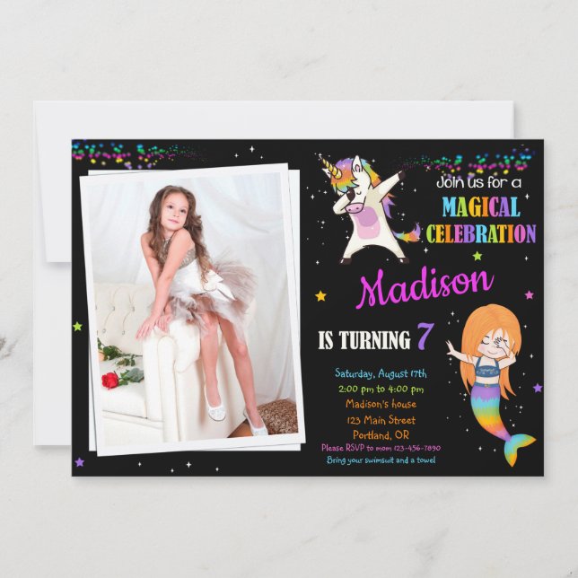 Mermaid and Unicorn birthday invitation Dabbing (Front)