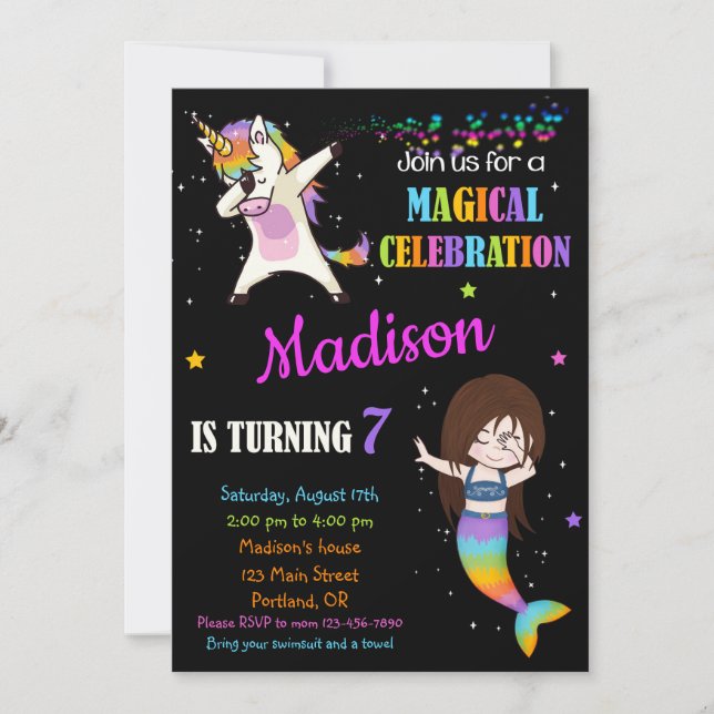 Mermaid and Unicorn birthday invitation Dabbing (Front)