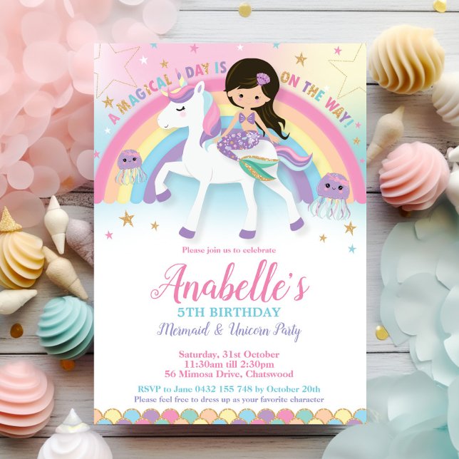 Mermaid and Unicorn Birthday Invitations Rainbow (whimsical cute mermaid and unicorn rainbow jellyfish pool birthday party invitation cards download )