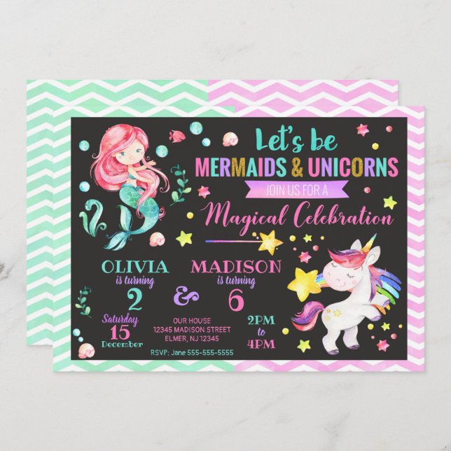 Mermaid and Unicorn Joint Birthday Invitation (Front/Back)
