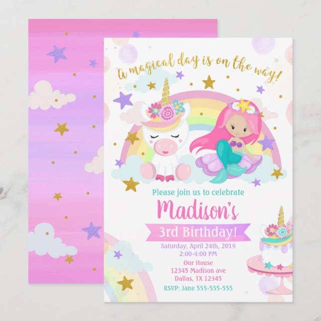 Mermaid and Unicorn Magical Birthday Invitation (Front/Back)