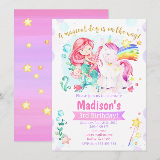 Mermaid and Unicorn Magical Birthday Invitation (Front/Back)