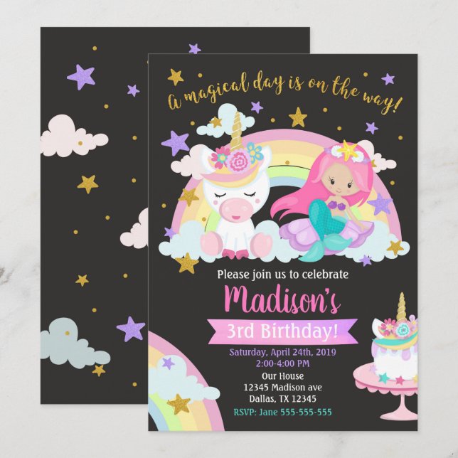 Mermaid and Unicorn Magical Birthday Invitation (Front/Back)