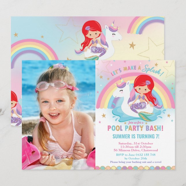 Mermaid and Unicorn Pool Birthday Party Photo Invitation (Front/Back)