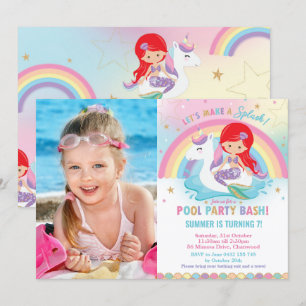 Mermaid and Unicorn Pool Birthday Party Photo Invitation