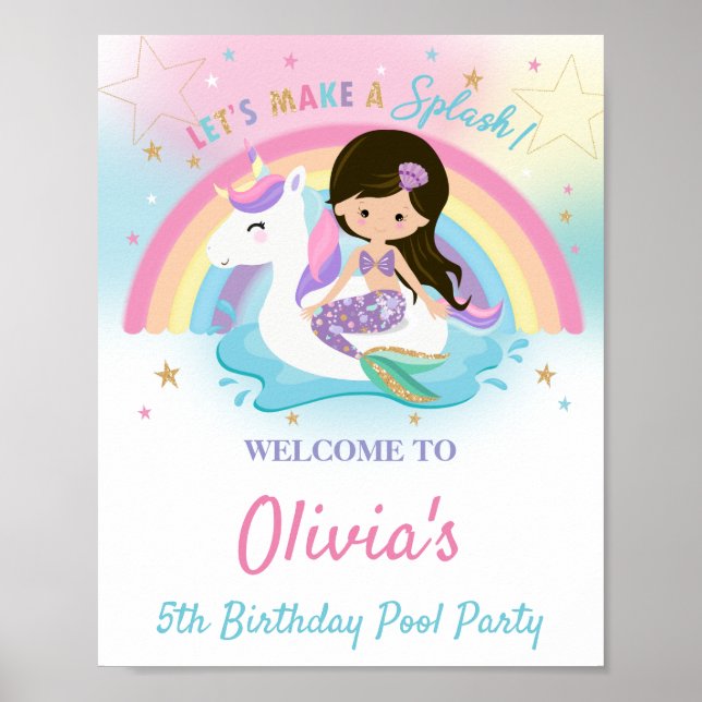 Mermaid and Unicorn Pool Birthday Party Welcome  P Poster (Front)