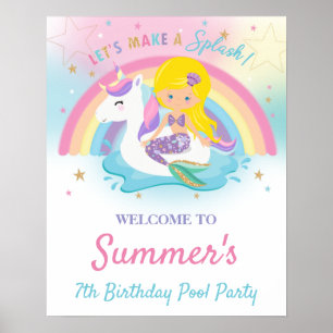 Mermaid and Unicorn Pool Birthday Party Welcome Po Poster