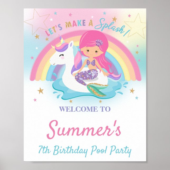 Mermaid and Unicorn Pool Birthday Party Welcome Poster (Front)