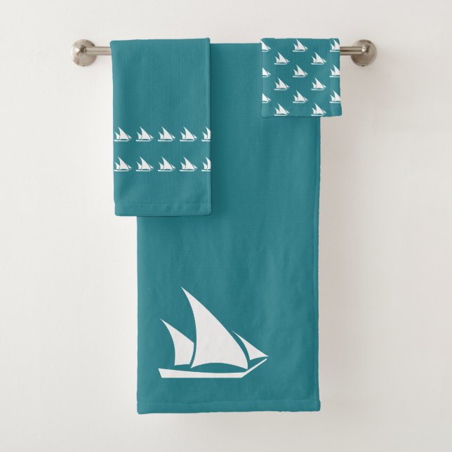 mermaid and Whales teal blue and white Bath Towel Set (Insitu)