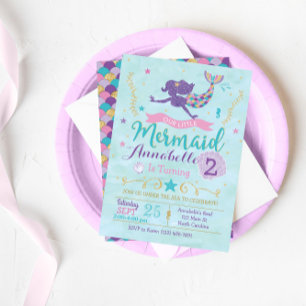 Mermaid Anniversaire Fête Invitation Purple Rose O