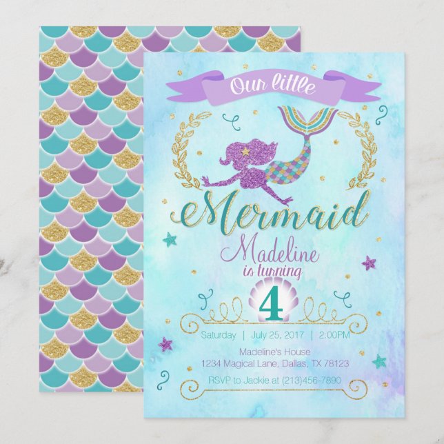Mermaid Anniversaire Fête Invitation Purple Turquo (Devant / Derrière)