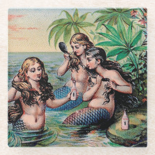 Mermaid Antique Magic Nautical Ocean Glass Coaster