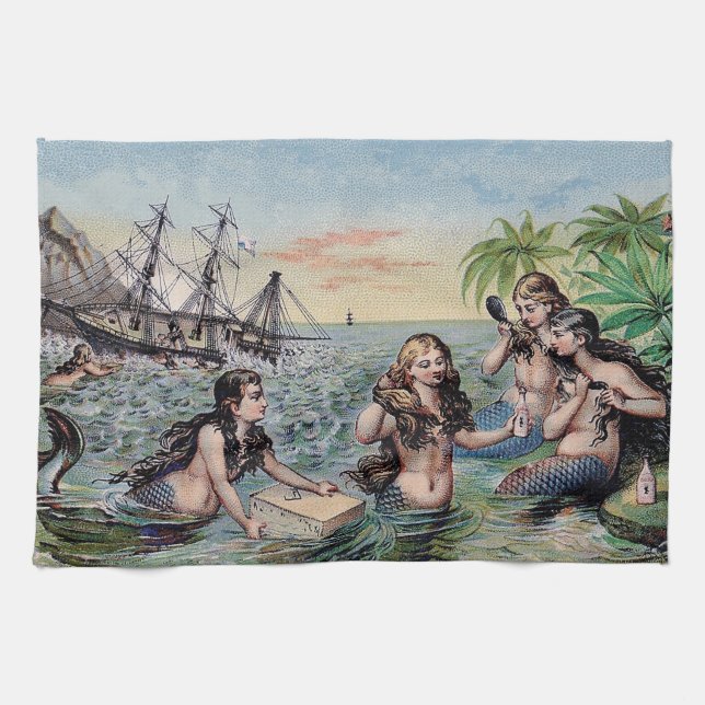 Mermaid Antique Magic Nautical Ocean Kitchen Towel (Horizontal)