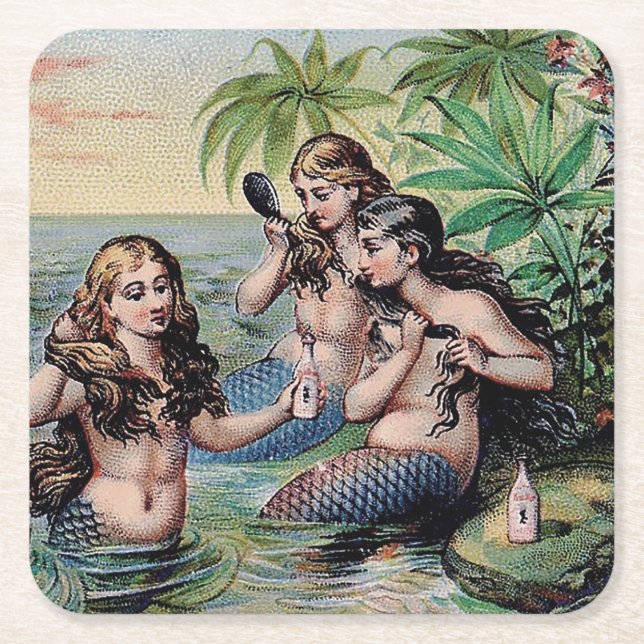Mermaid Antique Magic Nautical Ocean Square Paper Coaster (Front)