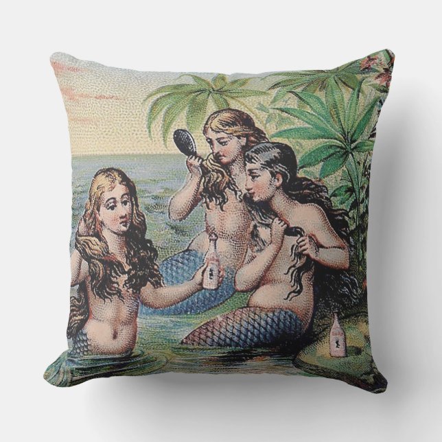 Mermaid Antique Magic Nautical Ocean Throw Pillow (Front)