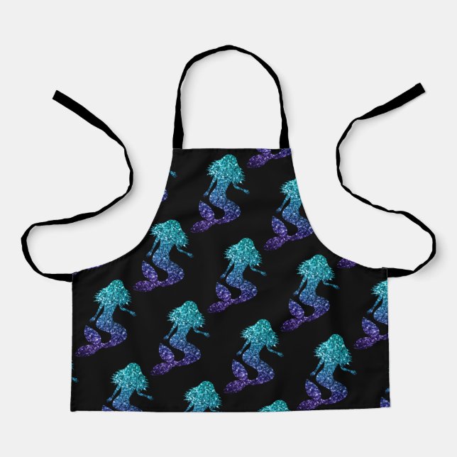 Mermaid aqua blue ombre Sparkles pattern black Apron (Front)