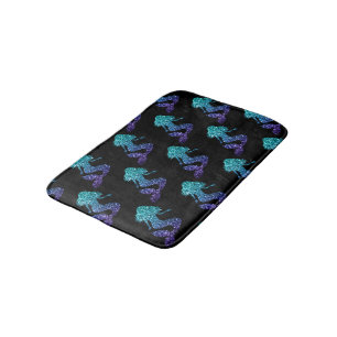 Mermaid aqua blue ombre Sparkles pattern black Bath Mat