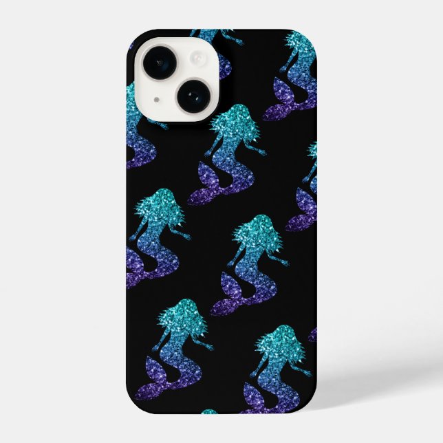 Mermaid aqua blue ombre Sparkles pattern black iPhone Case (Back)
