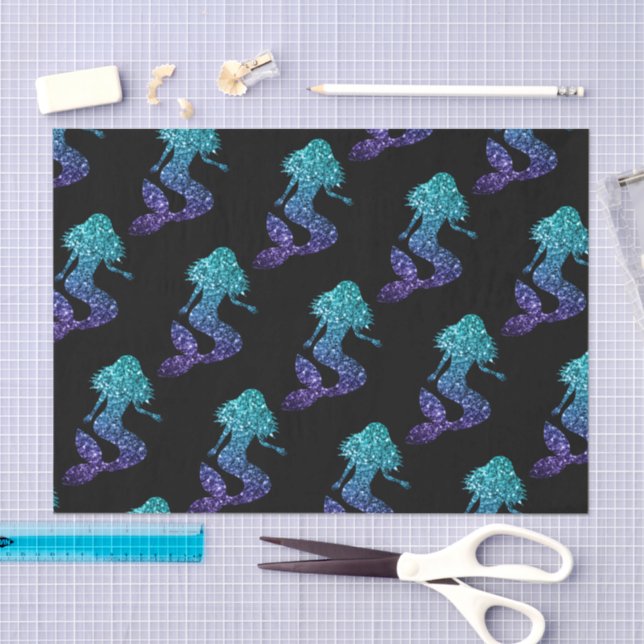 Mermaid aqua blue ombre Sparkles pattern black Tissue Paper (Craft)