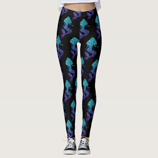 Mermaid aqua blue ombre Sparkles pattern Leggings (Front)