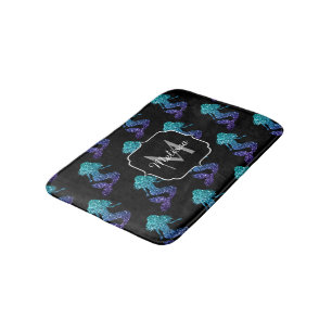 Mermaid aqua blue ombre Sparkles pattern Monogram Bath Mat