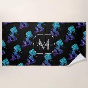 Mermaid aqua blue ombre Sparkles pattern Monogram Beach Towel