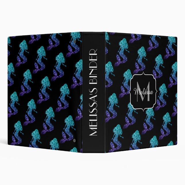 Mermaid aqua blue ombre Sparkles pattern Monogram Binder (Background)