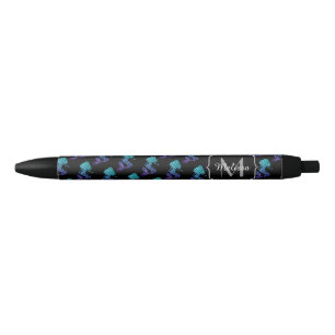 Mermaid aqua blue ombre Sparkles pattern Monogram Black Ink Pen