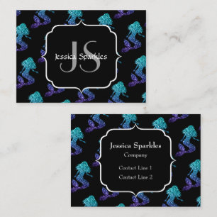 Mermaid aqua blue ombre Sparkles pattern Monogram Business Card