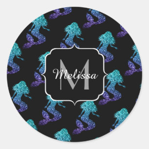 Mermaid aqua blue ombre Sparkles pattern Monogram Classic Round Sticker