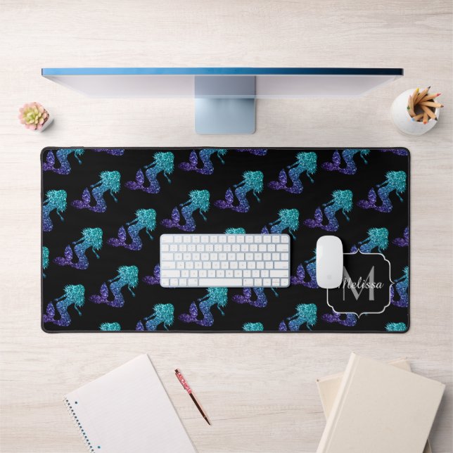 Mermaid aqua blue ombre Sparkles pattern Monogram Desk Mat (Office 1)