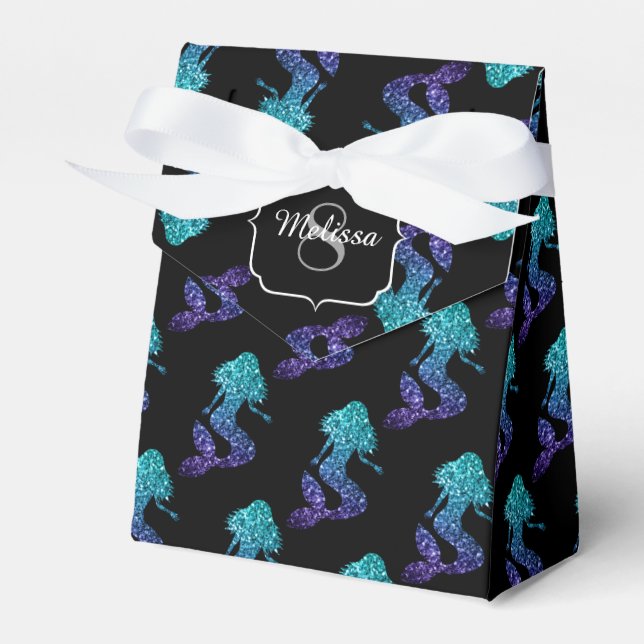 Mermaid aqua blue ombre Sparkles pattern Monogram Favor Box (Front Side)