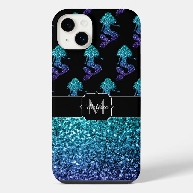 Mermaid aqua blue ombre Sparkles pattern Monogram iPhone Case (Back)