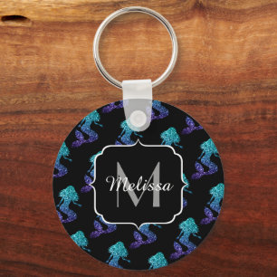Mermaid aqua blue ombre Sparkles pattern Monogram Keychain