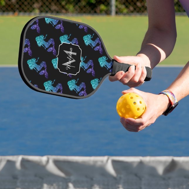 Mermaid aqua blue ombre Sparkles pattern Monogram Pickleball Paddle (Insitu)