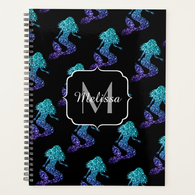 Mermaid aqua blue ombre Sparkles pattern Monogram Planner (Front)