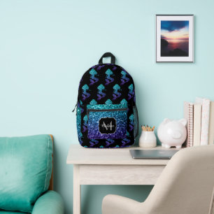 Mermaid aqua blue ombre Sparkles pattern Monogram Printed Backpack