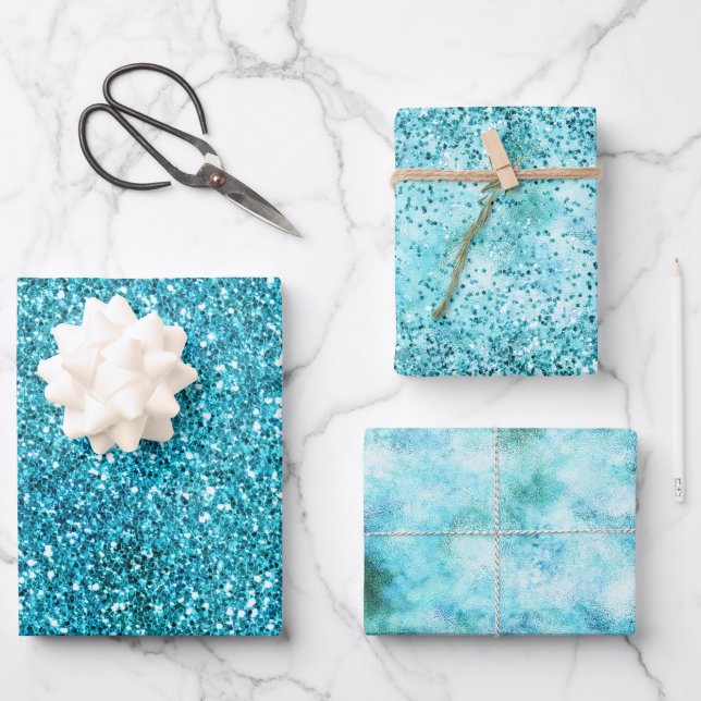 Mermaid Aqua Glitz Glitter     Wrapping Paper Sheet (Front)