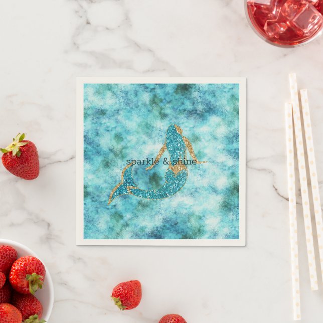 Mermaid Aqua Gold Glitz Glitter    Napkin (Insitu)