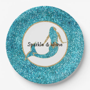 Mermaid Aqua Gold Glitz Glitter Paper Plate