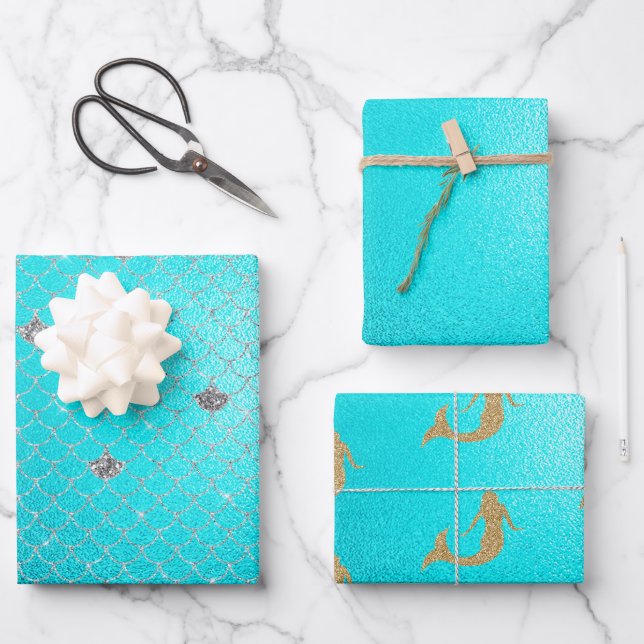 Mermaid Aqua Gold Silver Sparkle Glitter       Wrapping Paper Sheet (Front)