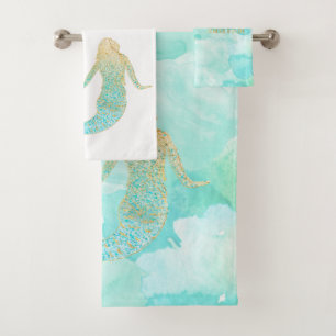 Mermaid Aqua Gold Sparkle Bath Towel Set