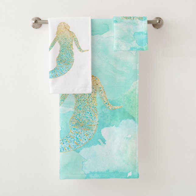 Mermaid Aqua Gold Sparkle Bath Towel Set (Insitu)