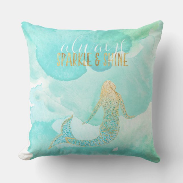 Mermaid Aqua Gold Sparkle Throw Pillow (Front)
